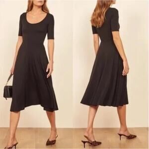 REFORMATION Jeans Lilian Midi Dress Black Jersey Stretch Swing Sz M Black Dress
